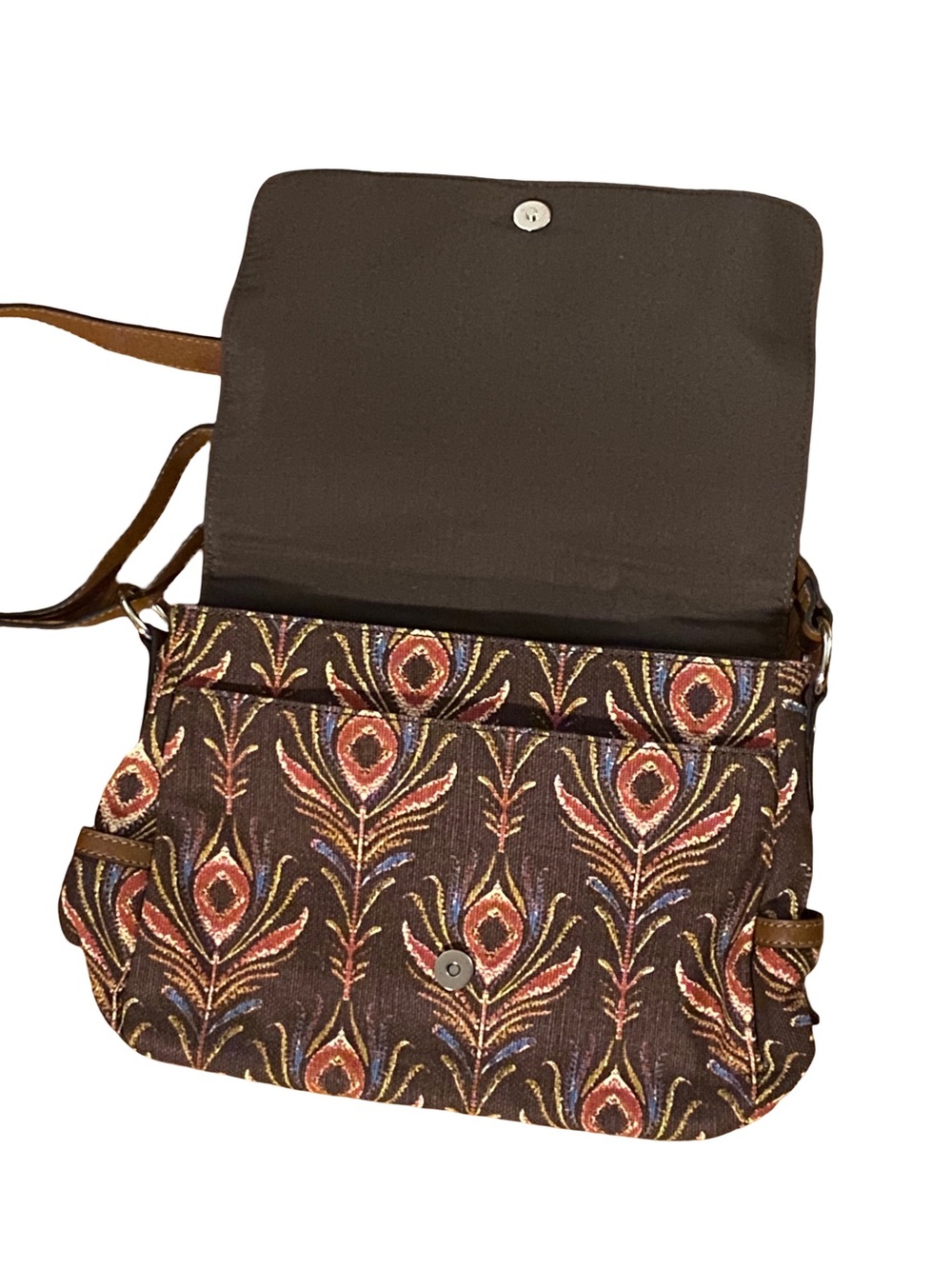Relic by Fossil brown peacock feather leather crossbody adjustable canvas bag - Picture 2 of 10